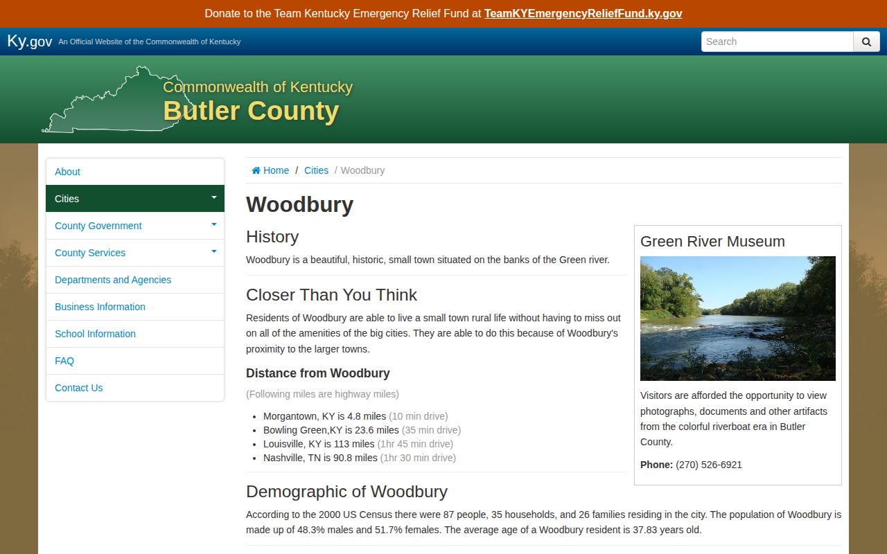 Official Butler County government city profile for Woodbury, Kentucky