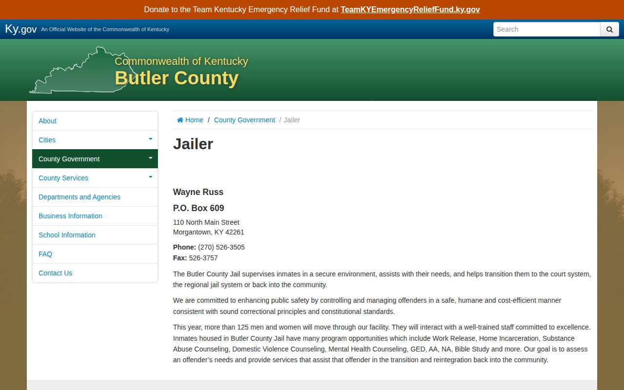 Official Butler County Jailer contact page for arrest booking and custody questions